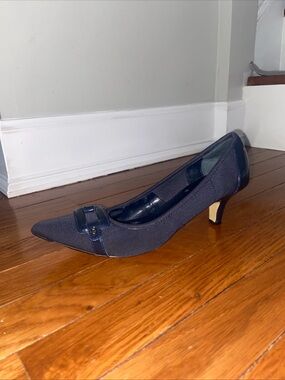 Anne Klein Navy Pointed Toe Kitten Heel Pumps with Buckle Trim